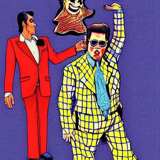 Prompt: The Artwork of R. Crumb and his Cheap Suit Elvis Impersonator, pencil and colored marker artwork, trailer-trash lifestyle