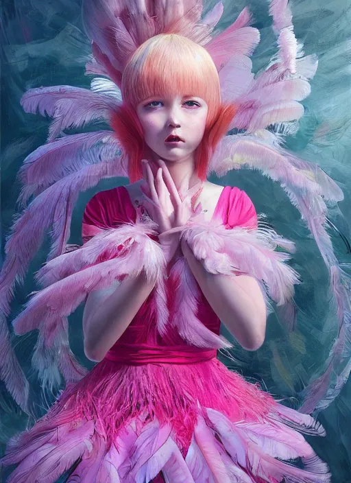 Image similar to beautiful little girl with an pink eccentric haircut wearing an dress made of feathers dancing on stage, artwork made by ilya kuvshinov, inspired in donato giancola, hd, ultra realistic, reflection, flowers, light, realistic face, bird, pixiv