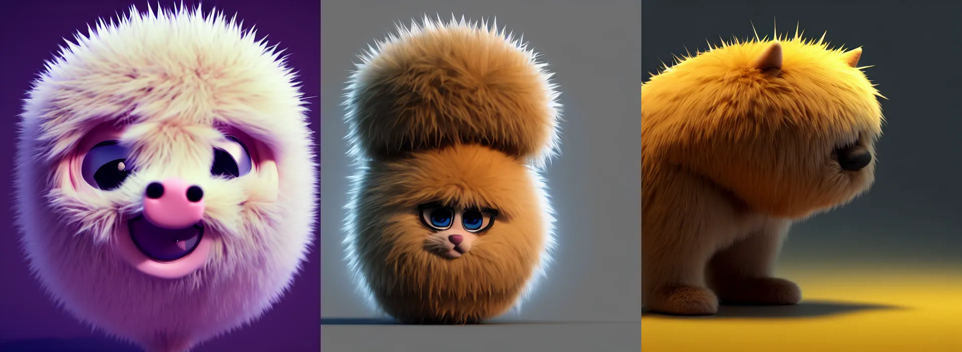 Prompt: high quality 3 d render hyperrealistic adorable cute big little spherical short spiky dense fluffy smooth hair, isometric 3 d, fluffy fur, 1 5 0 mm, beautiful natural soft light, rim light, smooth background, artstation, ultra detailed, elegant, ultra detailed, octane render