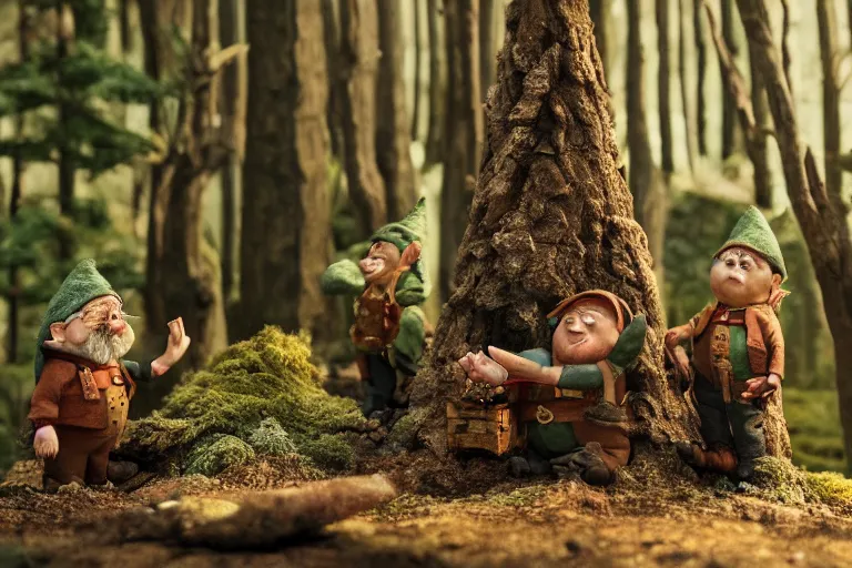 Prompt: movie scene portrait closeup, real life team of chubby elves gnome people building a tiny house in the forest natural lighting by emmanuel lubezki