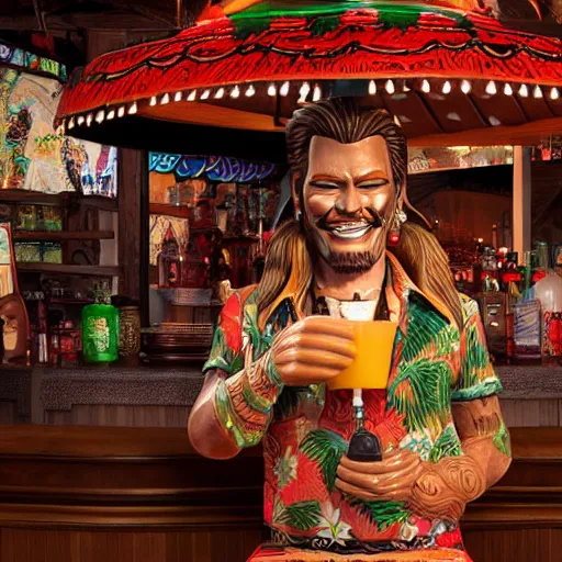 Prompt: a photorealistic photograph of a Trader Vic's tiki mug featuring joyful Johnny Depp at a Tiki bar - Trending on Artstation, featured on Behance, well-rendered, Unreal Engine, 4K HD