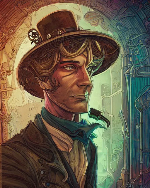 Prompt: a detailed portrait illustration of a steampunk tech - sorcerer. attractive male face, ginger. art nouveau, pop art, comic book style. influenced by neil gaiman, h. p. lovecraft, dan mumford, brian froud, heade, killian eng, ross tran.