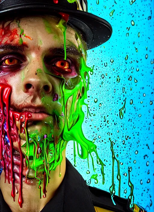 Image similar to beautiful profile photograph of a slimy rotting zombie cop covered in colorful wet goop, dripping with colorful liquid, policeman, cop, biocop, intricate details, dark ambient, service cap, atmospheric, elegant, super highly detailed, professional digital photo, artstation, concept art, 8 k