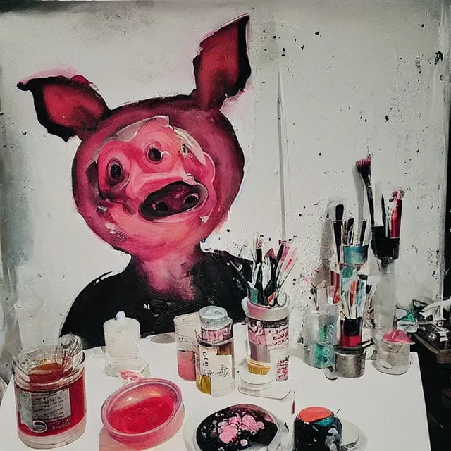 Image similar to “ a portrait in a female art student ’ s apartment, sensual, a pig theme, art supplies, paint tubes, ikebana, herbs, a candle dripping white wax, black walls, squashed berries, berry juice drips, acrylic and spray paint and oilstick on canvas, surrealism, neoexpressionism ”