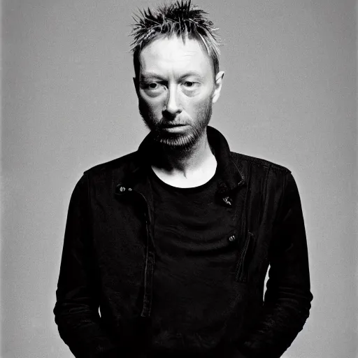 Prompt: Singing Thom Yorke, with a beard and a black jacket, a portrait by John E. Berninger, dribble, neo-expressionism, uhd image, studio portrait, 1990s