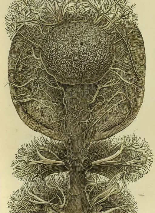 Image similar to mycelium growing into a mushroom, ernst haeckel