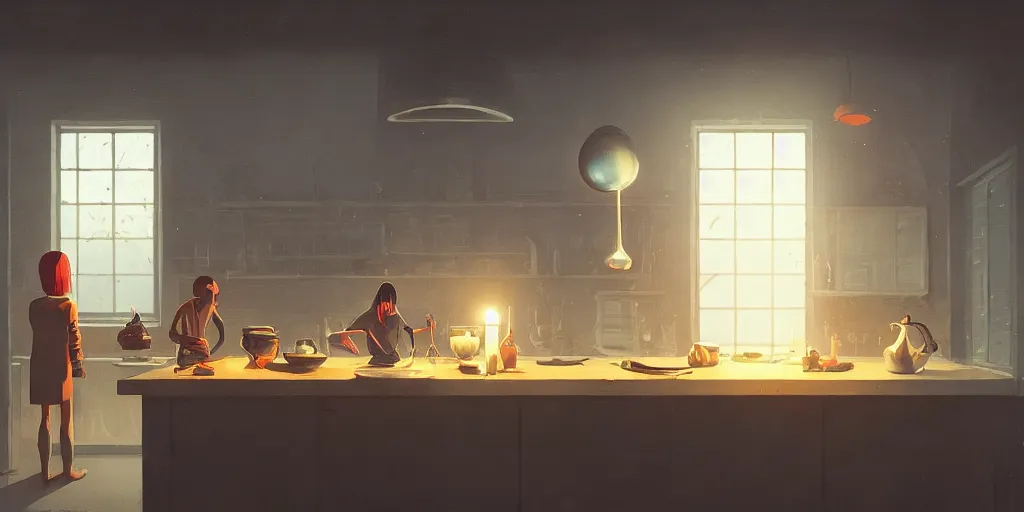 Prompt: minimalistic kitchen dim lit by a candle ripped physique simon stalenhag gerald brom bastien grivet by greg rutkowski, fisheye camera, extreme perspective