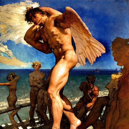 Prompt: Ripped Physique Tragic Portrait of Icarus the Roman Demigod Son of Dedalus wearing wax wings flying too close sun falling towards the cruel blue sea. norman rockwell guillem h. poniluppi howard pyle Ilya Repin Michelangelo Buonarotti Leonardo Da Vinci rodin greg rutkowski james gurney. tombow masterpiece fresco watercolor grisaille Trompe-lœil