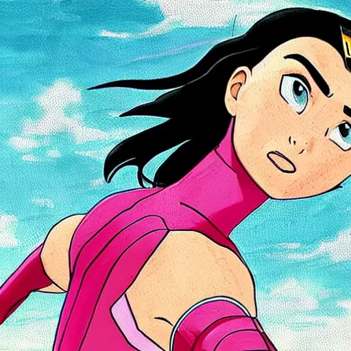 Image similar to a moderne painting of gal gadot as the pink power ranger in the style of makoto shinkai, and in the style of akira toriyama. sharp focus, semi - realism, intricate detail.