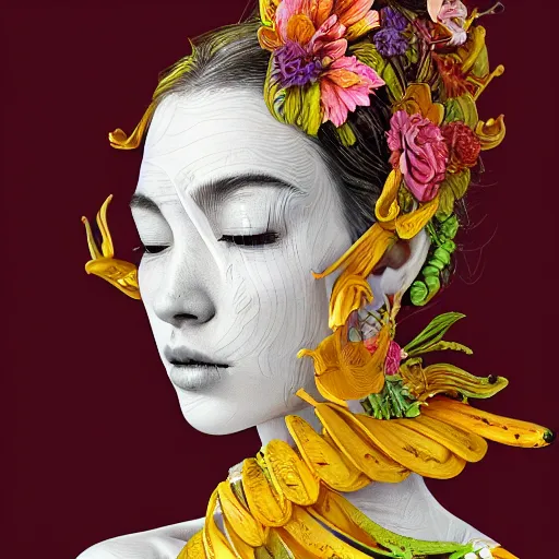 Image similar to the portrait of an absurdly beautiful, graceful, elegant woman made of bananas and petals, an ultrafine detailed illustration by kim jung gi, irakli nadar, intricate linework, bright colors, final fantasy, behance contest winner, angular, unreal engine 5 highly rendered, global illumination, radiant light, detailed and intricate environment