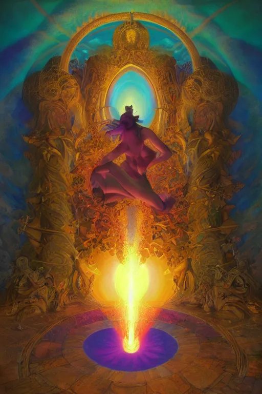 Image similar to beautiful sorceress opening portal to hell, vivid color, complementary color, golden ratio, detailed, sharp lines, sharp focus, intricate, rainbowshift, by maxfield parrish, by peter mohrbacher, by gustave dore, by artgerm, by alphonse mucha, deviantart, octane render