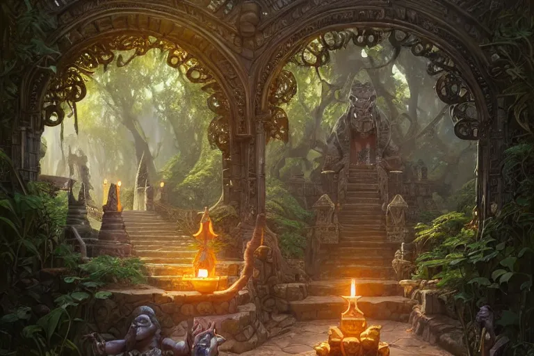 Prompt: hidden path to the crocodile god shrine, menacing statues, deep focus, d & d, fantasy, intricate, elegant, highly detailed, digital painting, artstation, concept art, matte, sharp focus, illustration, hearthstone, art by artgerm and greg rutkowski and alphonse mucha