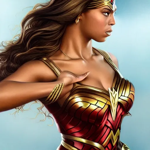 Prompt: full figure ultra realistic illustration, beyonce as wonder woman, beautiful, intricate, elegant, highly detailed, digital painting, artstation, concept art, smooth, sharp focus, illustration, art by artgerm and greg rutkowski and alphonse mucha