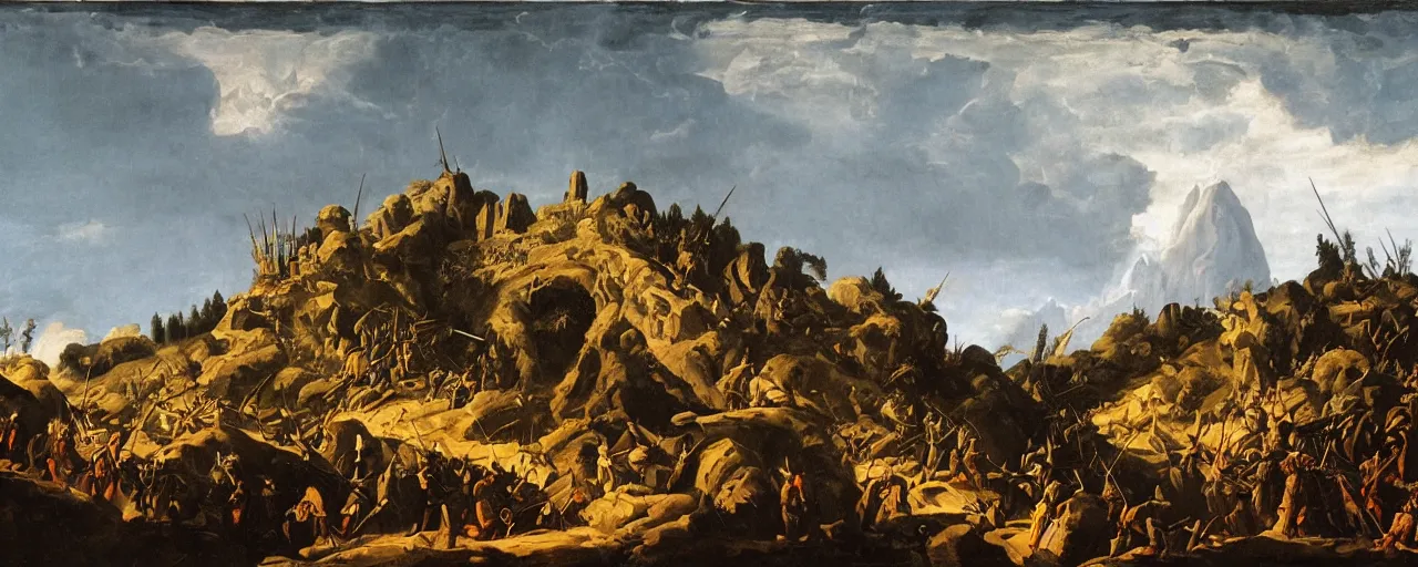 Prompt: portrait, mountain battles, spears, fortress, siege, oaks, trees, architectural, colossal lightning, temple, war, famine, death, wide angle, puffy clouds, skies behind, stars in sky, Moon, italian masterpiece, Ashford Black Marble, sculpture, baroque, draped with horrors and spines, drapes, ocher details, still life, Obsidian, portrait, render, artstation, ultra detailed