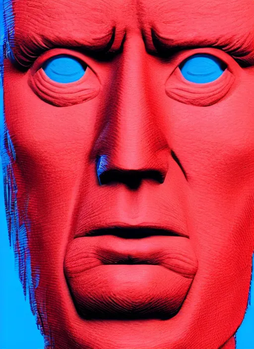 Image similar to a close up of red donald trumps face with blue eyes, an album cover by jacob toorenvliet, featured on behance, cubo - futurism, rendered in cinema 4 d, sketchfab, rendered in maya, red shift, synthwave, by enguerrand quarton, by alesso baldovinetti, 3 d render, holography,