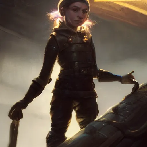 Image similar to a dramatic portrait of a short female gnome mechanic with cropped black hair, one of her arms is a prosthetic metallic gauntlet with magical lightning veins, standing on a ship deck by Greg Rutkowski, ultra realistic, photorealistic 8k, cinematic lighting, HD, high detail, atmospheric, trending on artstation