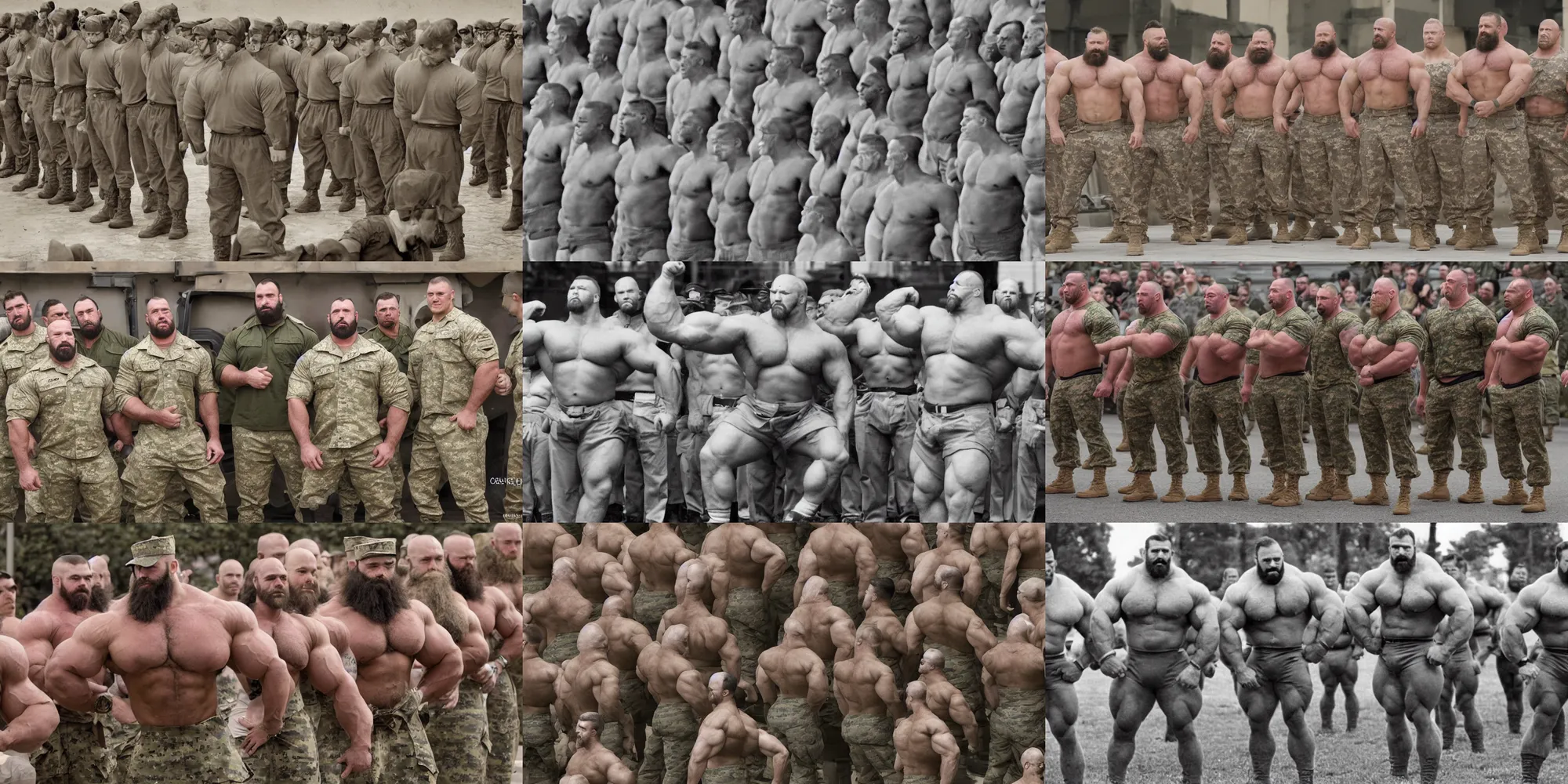 Prompt: photography of massive muscular hairy burly strongmen clones in military clothes waiting for orders