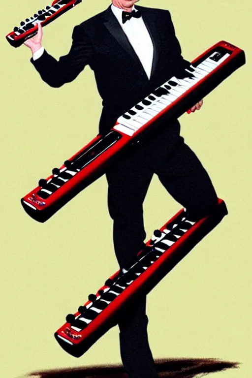 Image similar to Vladimur Putin rocking the Keytar in the style of Frank Frazetta