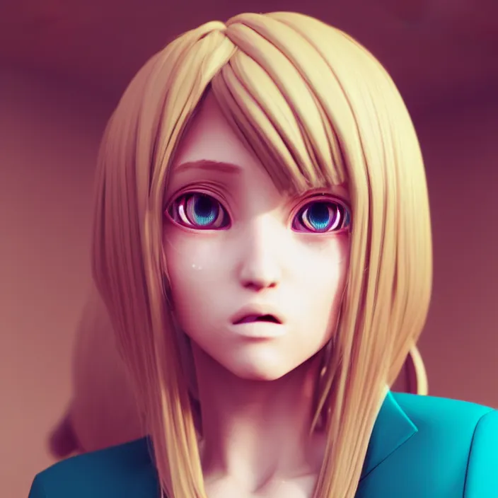 Prompt: coffee blond colored hair, teal pupils, symmetric facial structures, random background, bluish lighting, naturel, birthday, anime, rose suit, unreal engine 5 render, trending on artstation