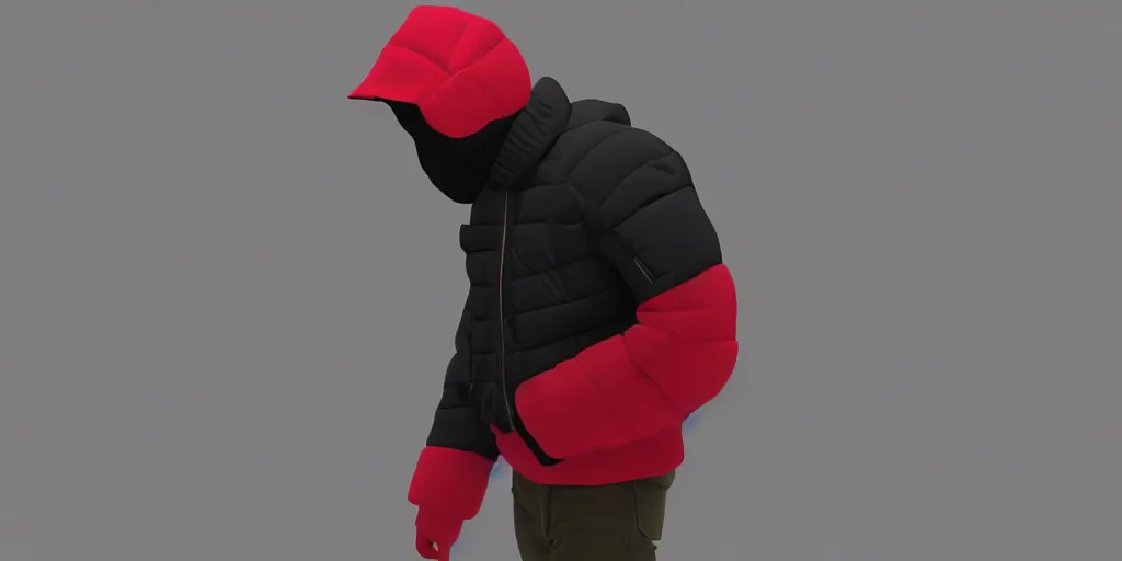 Image similar to kanye west using a full face covering black mask, a small, tight, undersized reflective bright red round puffer jacket made of nylon, dark jeans pants and big black balenciaga rubber boots in 3 d, blender, octane render, 3 d render, realistic, unreal engine, trending on sketchfab, studio light, 4 k, 8 k