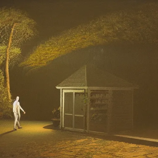 Prompt: Two men in a garden at night walking towards a small wooden garden shed, realistic, dark