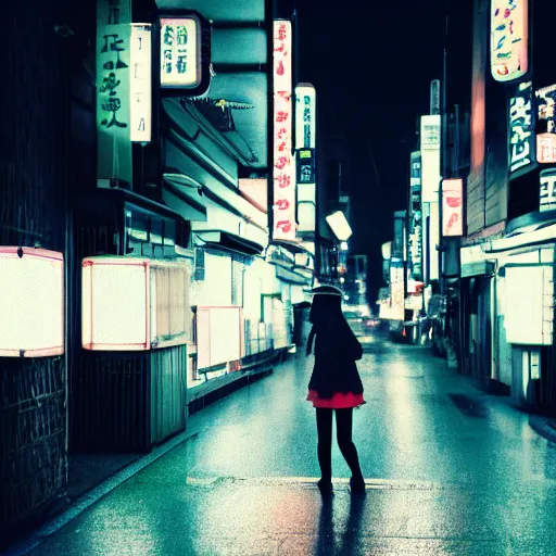 Image similar to a young japanese girl standing in the middle of a tranquil nighttime tokyo street. neon signs light the fog with volumetric rays.