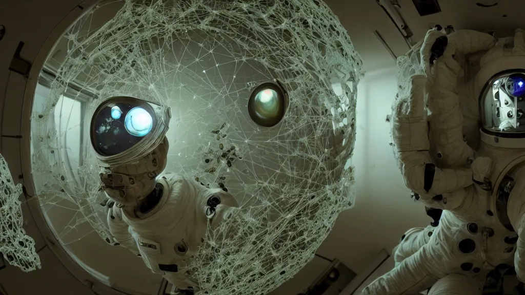 Image similar to a cybernetic symbiosis of a single astronaut eva suit infected with diamond 3d fractal lace iridescent bubble 3d skin covered with insectoid compound eye camera lenses floats through the living room, film still from the movie directed by Denis Villeneuve with art direction by Salvador Dalí, wide lens,