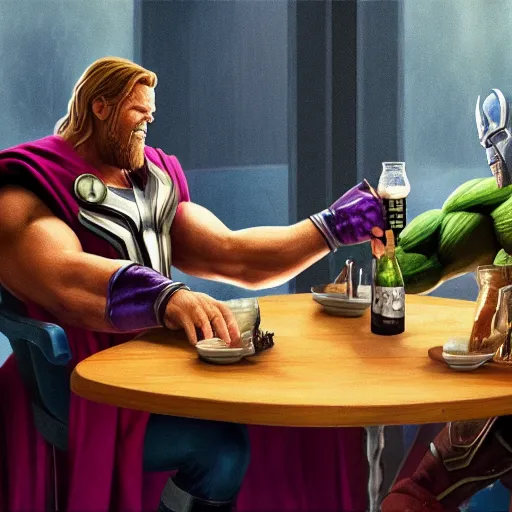 Image similar to Thanos and Thor having beers in a tabern, elegant, highly detailed, artstation, concept art, smooth, sharp focus, 4k