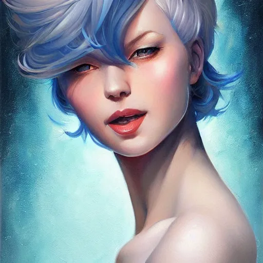 Image similar to a beautiful painting of a smiling woman with stylish short blue hair and sparkling blue eyes representative of the art style of artgerm and wlop and peter mohrbacher