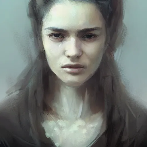 Prompt: Portrait of a woman by Greg Rutkowski, she is about 20 years old, round face, mixture turkish and russian, dark blonde hair with two strands around her face, attractive, sad and melancholy gaze, she is wearing a jumper overall, highly detailed portrait, scifi, digital painting, artstation, concept art, smooth, sharp foccus ilustration, Artstation HQ.