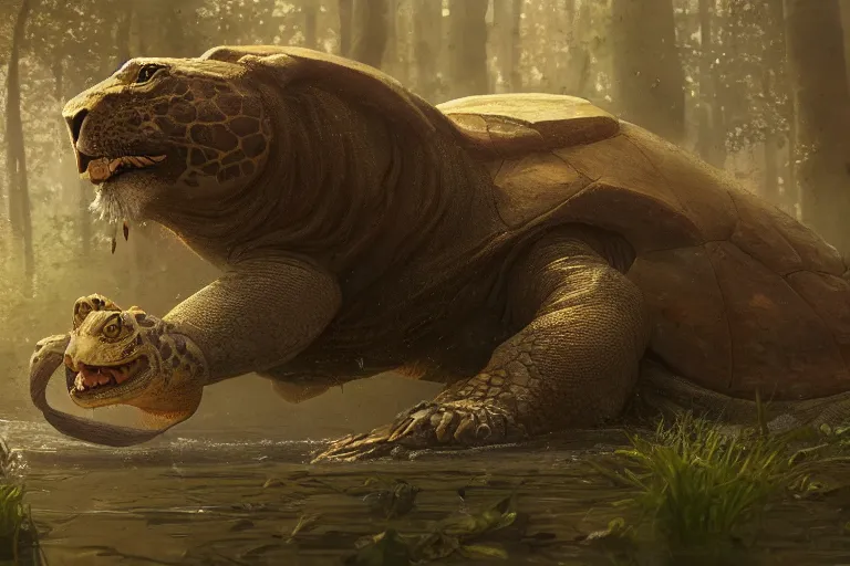 Prompt: lion and turtle hybrid, turtle shell, cinematic lighting, swamp, greg rutkowski, artgerm, wlop, artstation, beeple