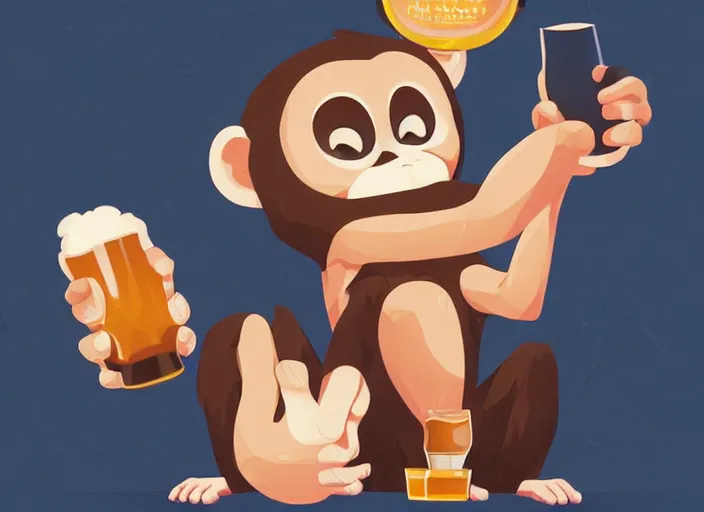 Image similar to cute monkey drinking beer. clean cel shaded vector art. behance hd by lois van baarle, artgerm, helen huang, by makoto shinkai and ilya kuvshinov, rossdraws, illustration, art by ilya kuvshinov