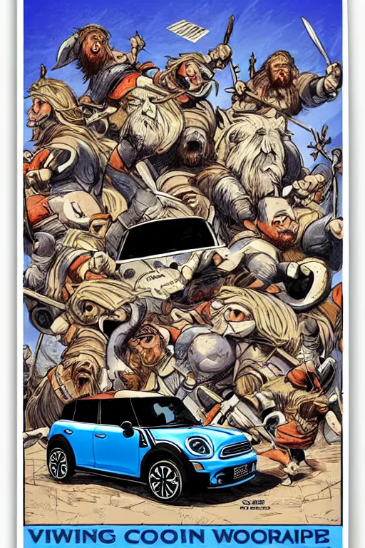 Prompt: “Poster of Blue Mini Cooper Countryman Hybrid with Vikings warriors in a battle. Retro cartoon caricature.”