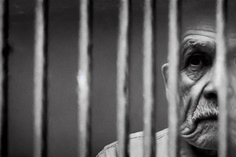 Prompt: an 8 5 mm portrait of a old man in prison looking through the bars of his cell, by annie leibovitz, shallow depth of field, cinematic lighting