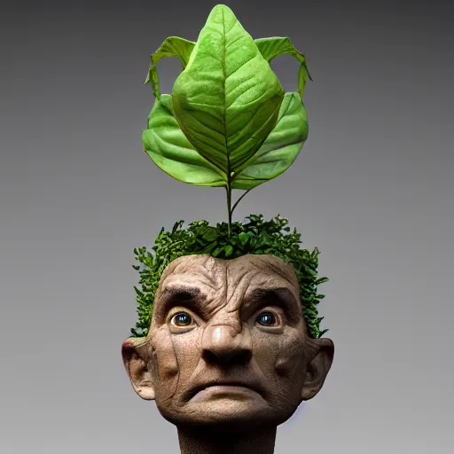 Prompt: medium shot, mandrake in a porcelaine pot, wooden human head with mandrake!!! leaves!!! growing from it, intricate hyper detailed ultra sharp sharp focus, global illumination, radiant light, alexandre ferra, irakli nadar, octane render, unreal engine, 4 k, ultra hd,