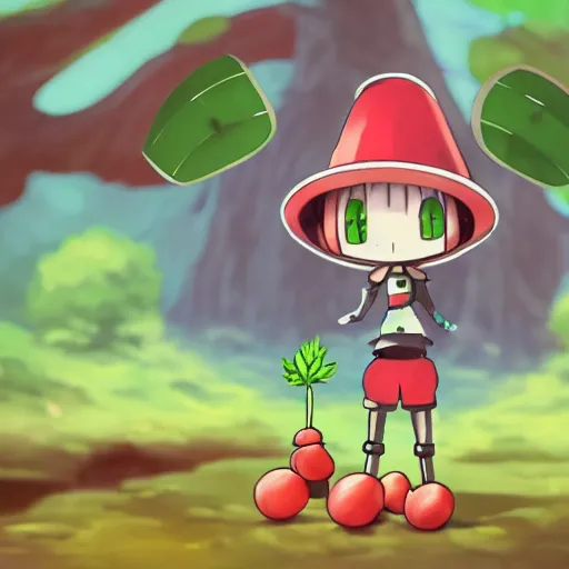 Image similar to cute little robot with tomato hat with a leaf, and one chive in one hand, made in abyss style, standing on a forest