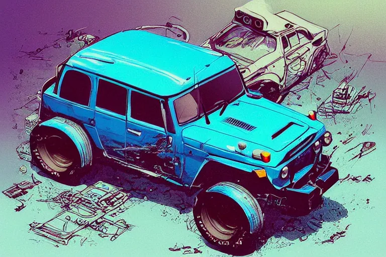 Image similar to digital illustration of a futuristic faded cyan mad max's fj 4 0 decrepit!!!! pursuit special, rusty!!! cyberpunk nissan fj cruiser heavily modded 1 9 9 0 s, the last v 8 interceptor by makoto shinkai, ilya kuvshinov, lois van baarle, rossdraws, basquiat