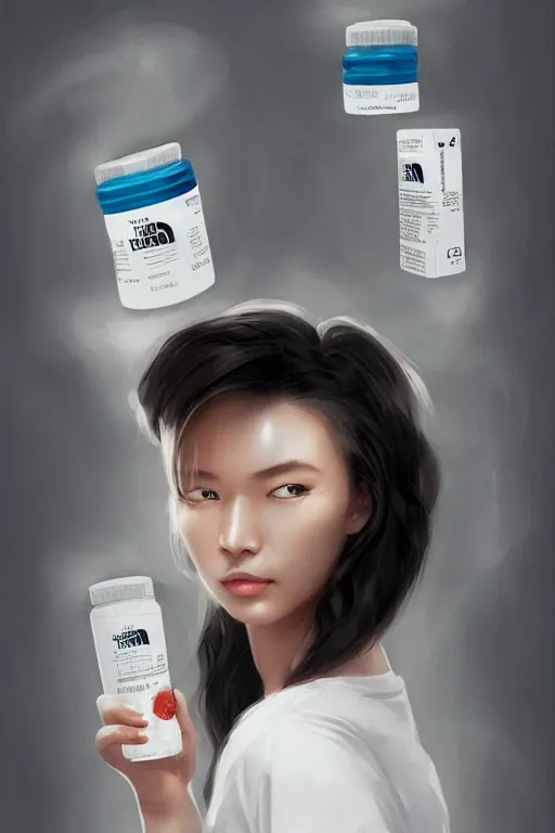 Prompt: concept art of a north face brand dietary supplement in a transparent modern rounded bottle filled with white liquid, black top, by huang guangjian and gil elvgren and sachin teng, white tones, white background, digital painting, artstation, concept art, smooth, sharp foccus ilustration hq