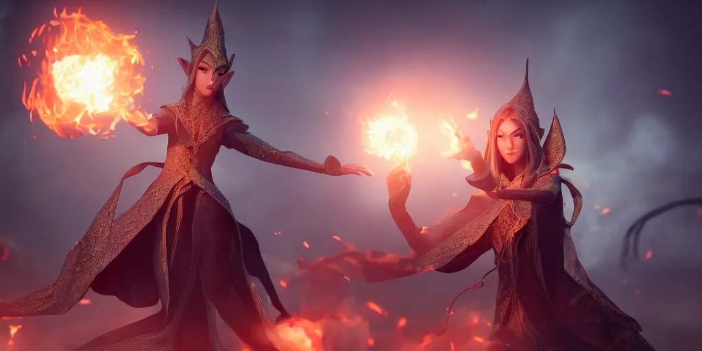 Prompt: a beautiful elven princes casting a fireball anime style, moody lighting, octane render