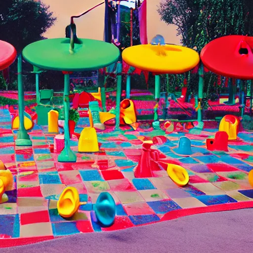 Prompt: colorful and bright chessboard on a playground made of children’s toys, award winning photography, wide shot, vintage 70s scanned magazine ad