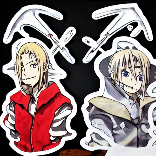 Image similar to die cut sticker, full metal alchemist al and alphons, splatter paint