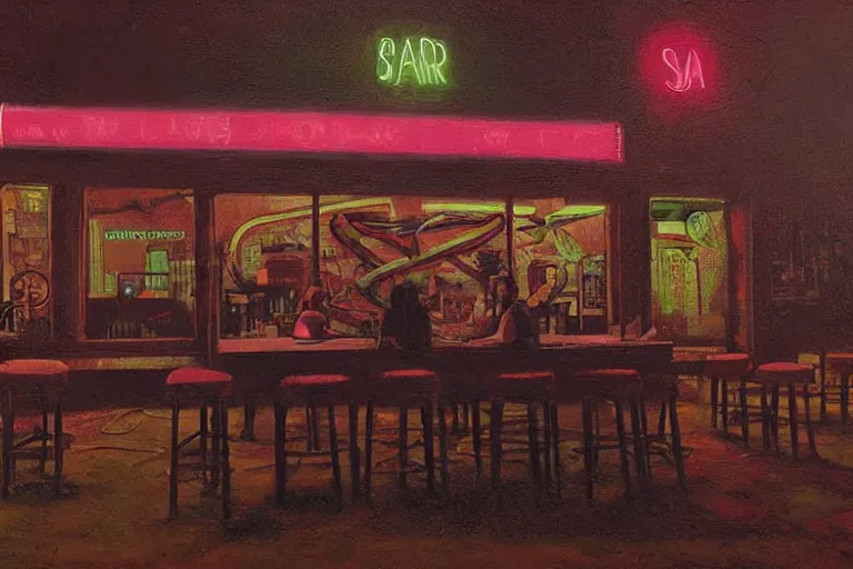 Image similar to scene from louisiana swamps, bar, neon cross, voodoo, artwork by tim eitel