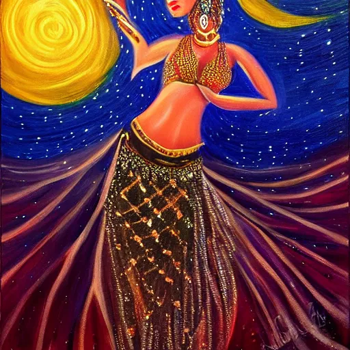 Prompt: painting of a belly dancer looking at a starry sky, stylized, highly detailed, soft light