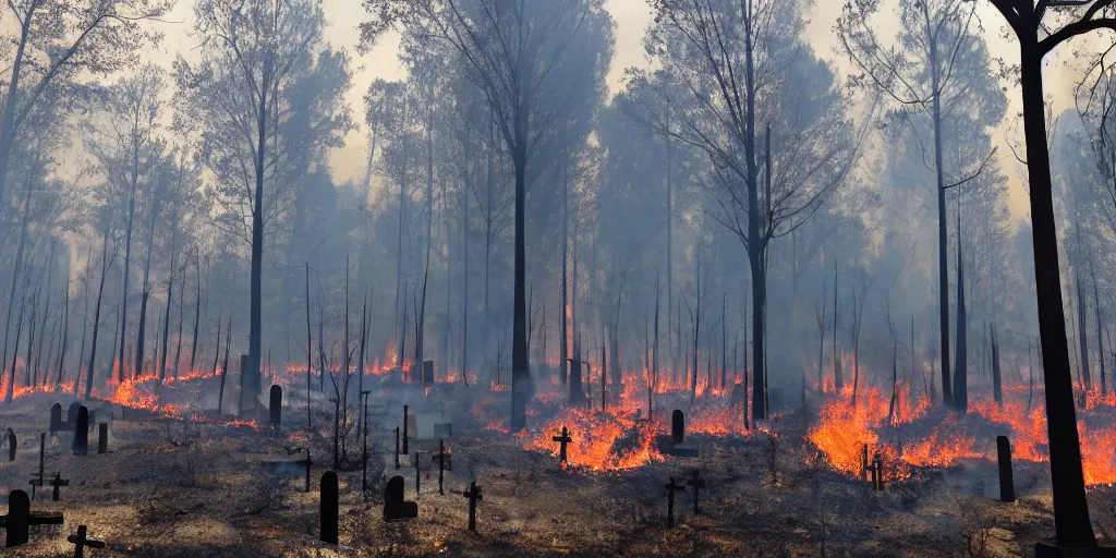 Image similar to a cemetery in a forest fire, surrounded by flames