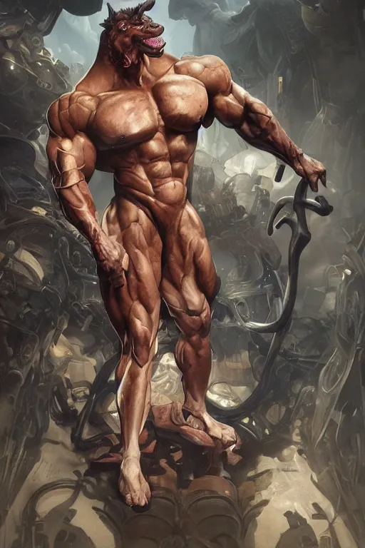 Image similar to splash art of a monstrously buff and muscular anthropomorphic horse at a research facility donned in a power - restricting bodysuit, highly detailed, digital painting, trending on artstation, concept art, sharp smooth focus, illustration, art by artgerm and greg rutkowski and alphonse mucha