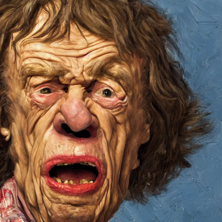 Image similar to warmly lit close up studio portrait of very old furiously angry!! Mick Jagger age 115 angrily singing, impasto oil painting thick brushstrokes by Lucian Freud and Cy Twombly and Tim Hawkinson , trending on artstation dramatic lighting Expressionism