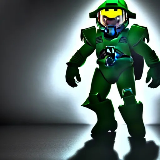 Image similar to Super Mario as Master Chief, highly detailed, extremely high quality, HD, 4k, 8k, Canon 300mm, professional photographer, 40mp, lifelike, top-rated, award winning, realistic, detailed lighting, detailed shadows, sharp, no blur, edited, corrected, trending