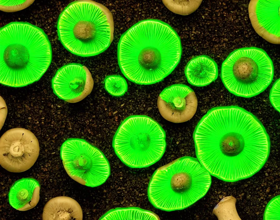 Prompt: a bunch of glowing green mushrooms, black background