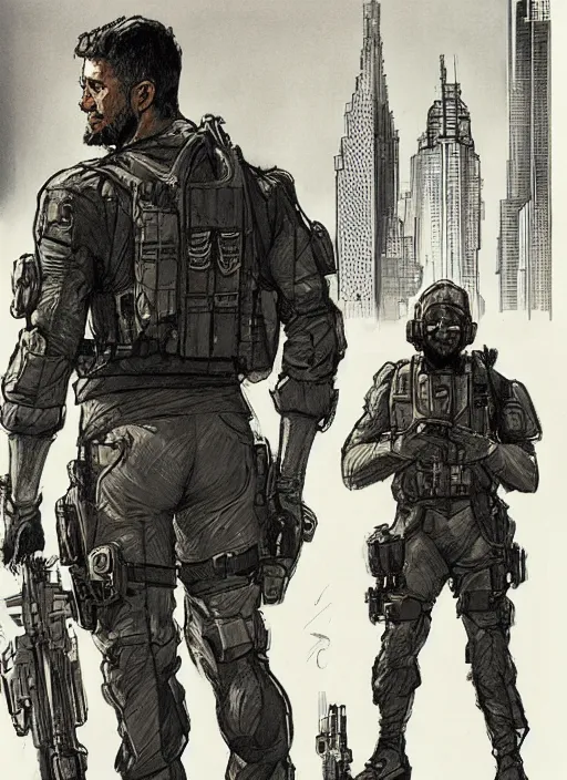 Image similar to Hector. USN special forces operator looking at city skyline. Agent wearing Futuristic stealth suit. rb6s and MGS Concept art by James Gurney, Alphonso Mucha.