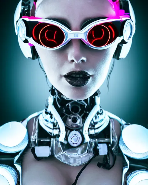 Image similar to centered portrait of flirtatious young sabrina salerno as a solarpunk mecha humanoid robotic parts wearing crystal goggles with bright led lights, real human face, pudica pose bouguereau style, in white room, ultra - realistic and intricate, soft portrait shot 8 k